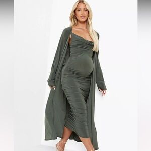Maternity Strappy Cowl Neck Dress And Duster Coat